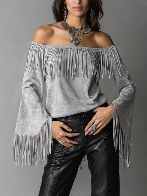Plus Size Fringe Off-Shoulder Flare Sleeve Top - product photo 5