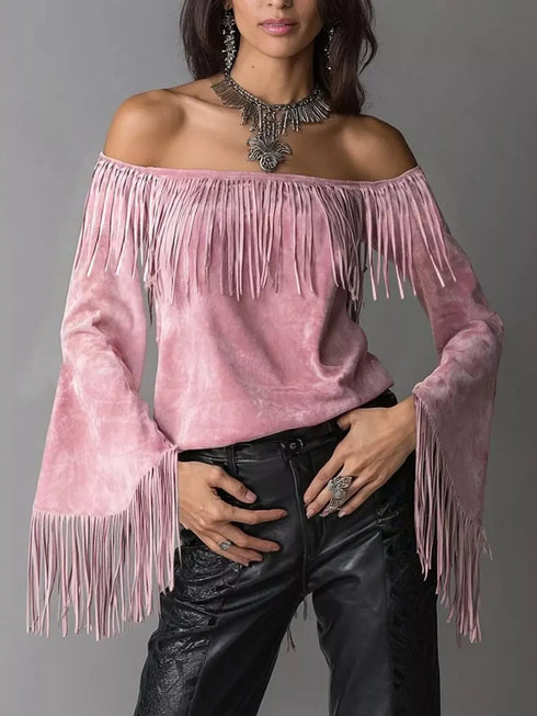 Plus Size Fringe Off-Shoulder Flare Sleeve Top - product photo 7
