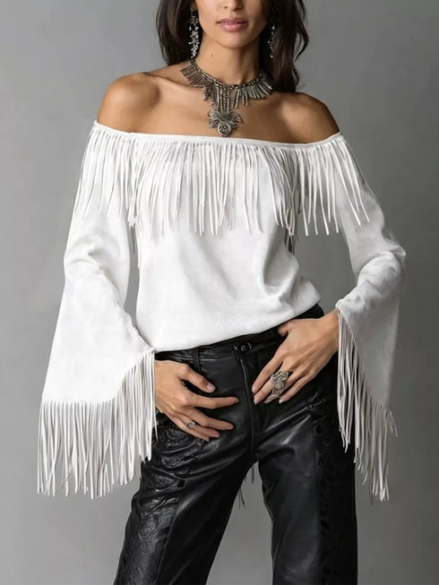 Plus Size Fringe Off-Shoulder Flare Sleeve Top - product photo 9