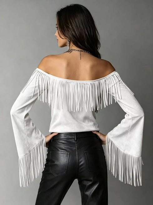 Plus Size Fringe Off-Shoulder Flare Sleeve Top - product photo 10