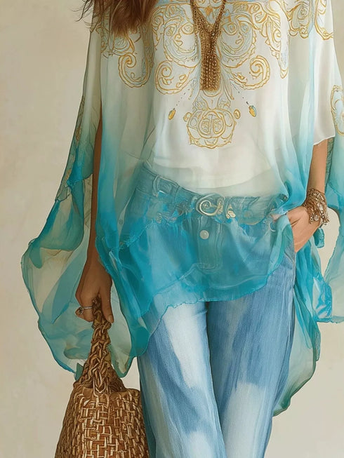 Plus Size Gradient Batwing Sleeve Flowy Blouse - product photo 2