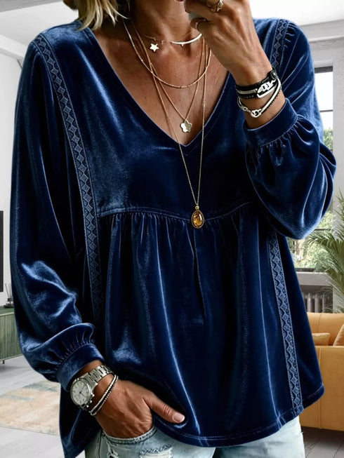 Plus Size Velvet Lace Detail V-Neck Blouse - product image 5