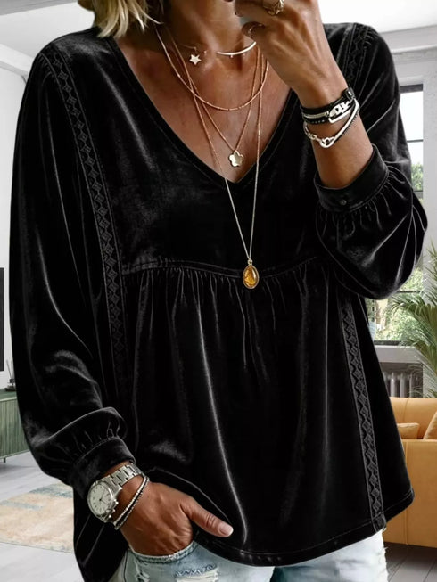 Plus Size Velvet Lace Detail V-Neck Blouse - product image 9