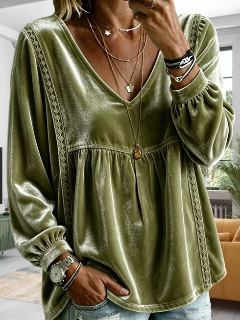 Plus Size Velvet Lace Detail V-Neck Blouse - product image 13