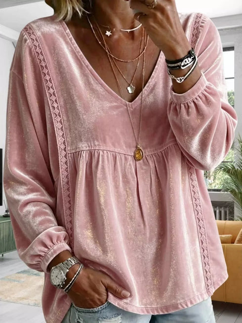 Plus Size Velvet Lace Detail V-Neck Blouse - product image 15
