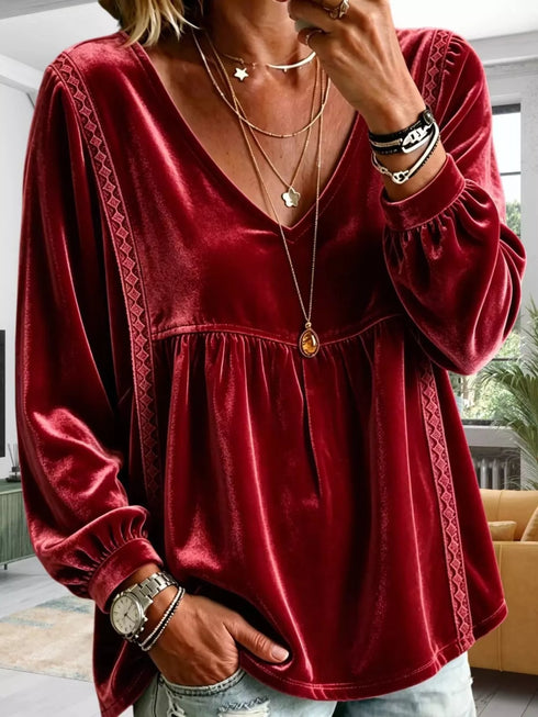 Plus Size Velvet Lace Detail V-Neck Blouse - product image 17
