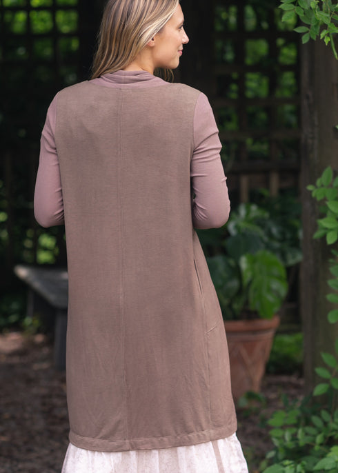 Back view of long muted mauve-toned Kylin cardigan