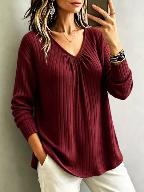 Ribbed V-Neck Long Sleeve Top - product image 1
