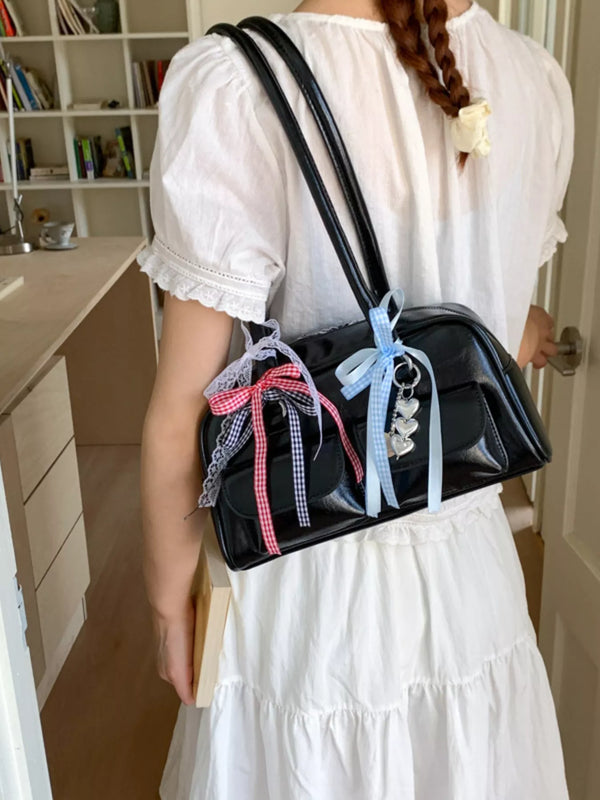 Black Ribbon-Decor Shoulder Bag: Black ribbon-decorated shoulder bag worn with white dress