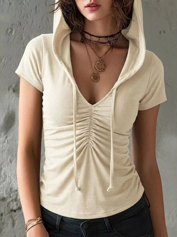 Ruched Drawstring Short Sleeve Hoodie Top - product image 1