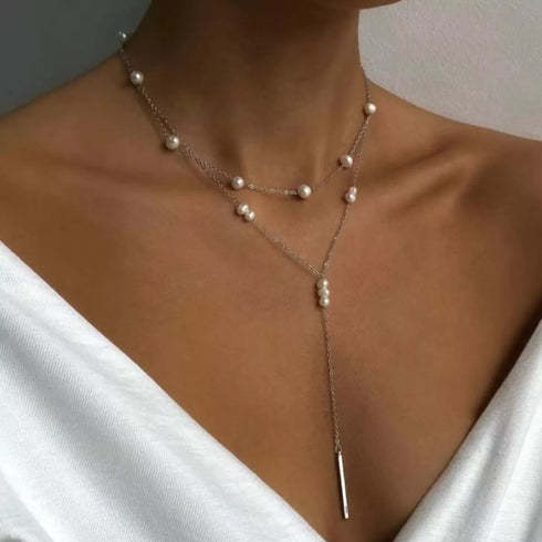 Silver Double Layer Pearl Y Necklace