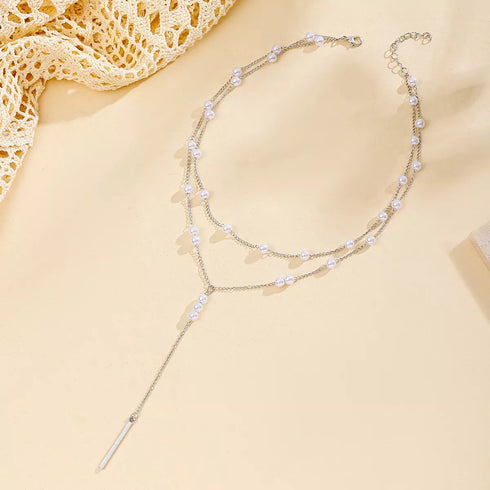 Silver Double Layer Pearl Y Necklace