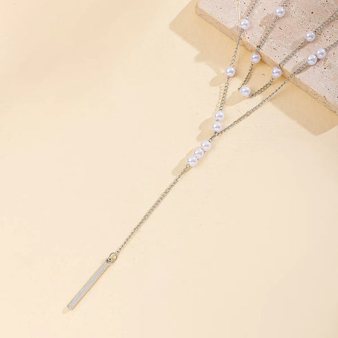 Silver Double Layer Pearl Y Necklace