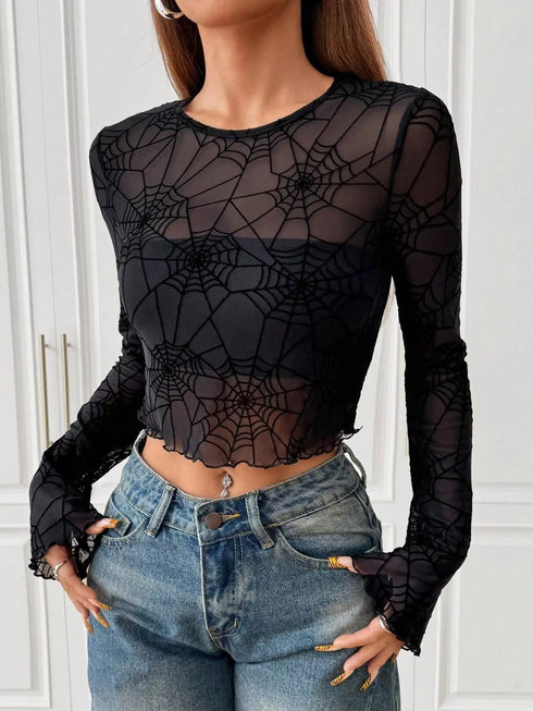 Spiderweb Print Sheer Mesh Long Sleeve Top - product image 3