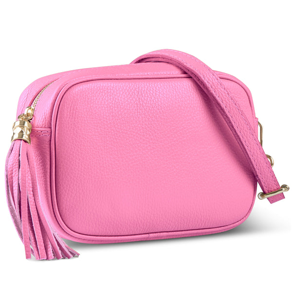 TAKEASY Parma Pink pebbled-leather crossbody, angled product view with strap and tassel