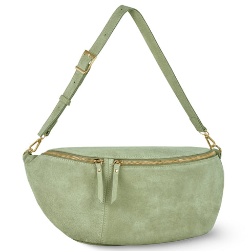 Moss suede Genova crescent bag, front view with adjustable strap