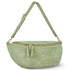 Moss suede Genova crescent bag, front view with adjustable strap