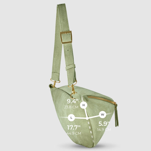 Moss suede bag measurement image showing 17.7 by 5.9 by 9.4 inches