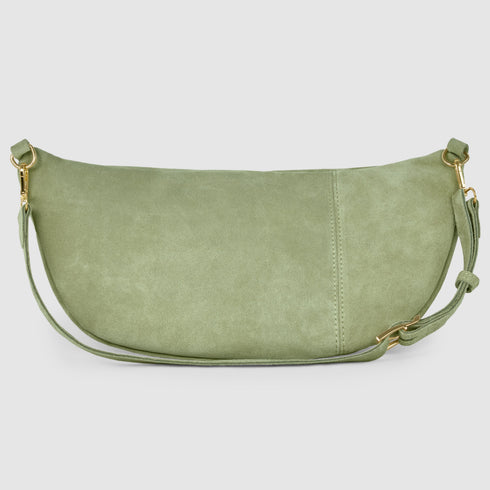 Back view of moss suede crescent bag and adjustable strap