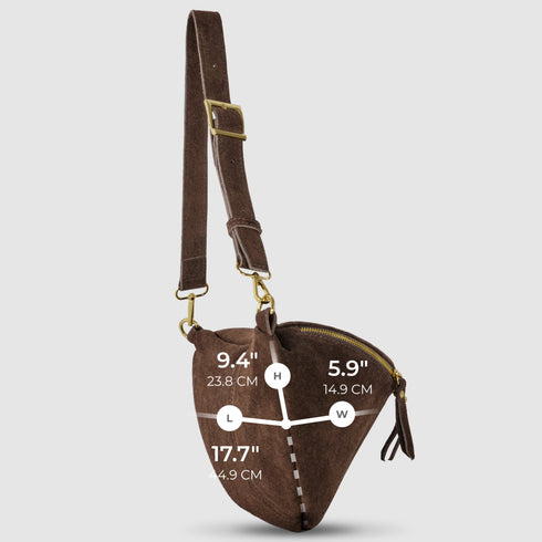 Chocolate suede bag measurement image showing 17.7 by 5.9 by 9.4 inches