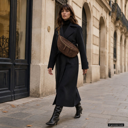 Chocolate Genova bag styled across the body on a model outdoors