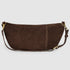 Back view of chocolate suede crescent bag and adjustable strap