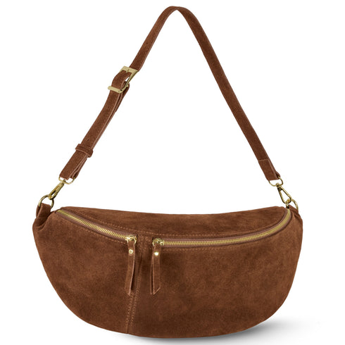 Brown suede Genova crescent bag, front view with adjustable strap
