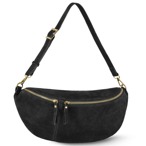 Black suede Genova crescent bag, front view with adjustable strap