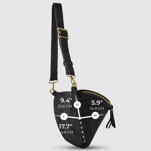 Black suede bag measurement image showing 17.7 by 5.9 by 9.4 inches