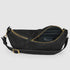 Open black suede bag showing dark lining and inner zip pocket