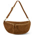 Mocha suede Genova crescent bag, front view with adjustable strap