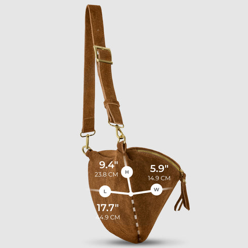 Mocha suede bag measurement image showing 17.7 by 5.9 by 9.4 inches