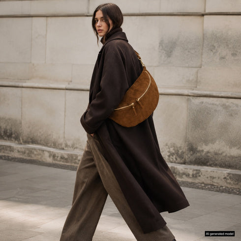 Brown Genova bag styled across the body on a model outdoors