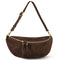 Chocolate suede Genova crescent bag, front view with adjustable strap