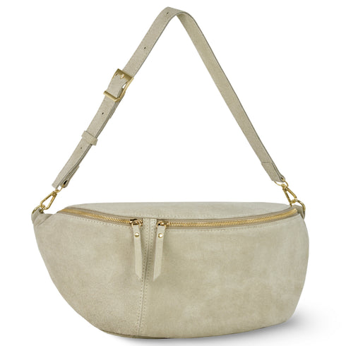Beige suede Genova crescent bag, front view with adjustable strap