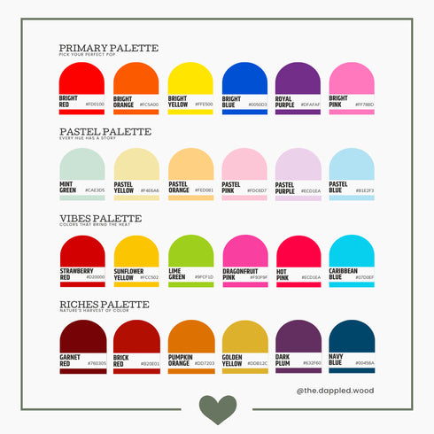 The Dappled Wood flower color palette chart with primary, pastel, vivid and jewel tones