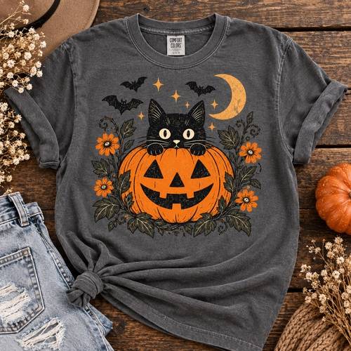 Vintage Black Cat & Pumpkin Halloween T-Shirt – Comfort Colors 1717 – flat lay product view