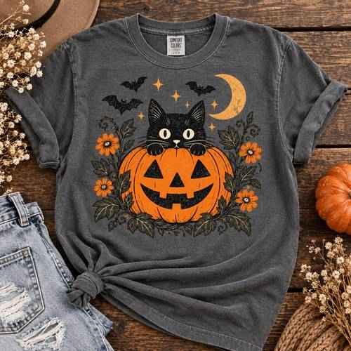Vintage Black Cat & Pumpkin Halloween T-Shirt – Comfort Colors 1717