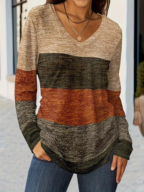 Women's Color Block V-Neck Long Sleeve Top - product photo 1