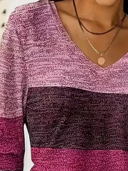 Women's Color Block V-Neck Long Sleeve Top - product photo 4