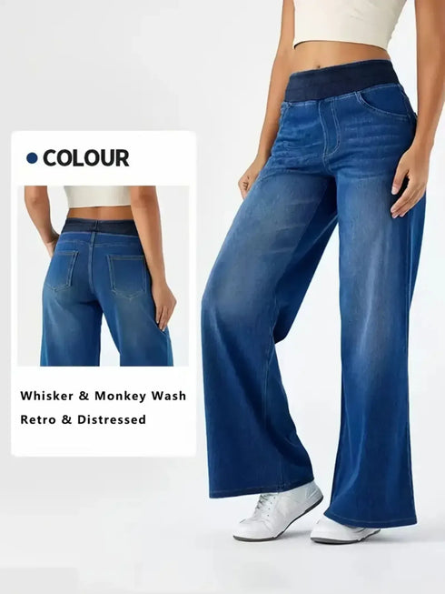 Blue denim jeans collage showing wash detail and front fit