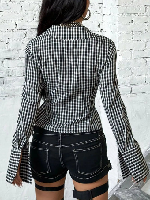 Women's Gingham Tie-Front Long Sleeve Blouse - product photo 4