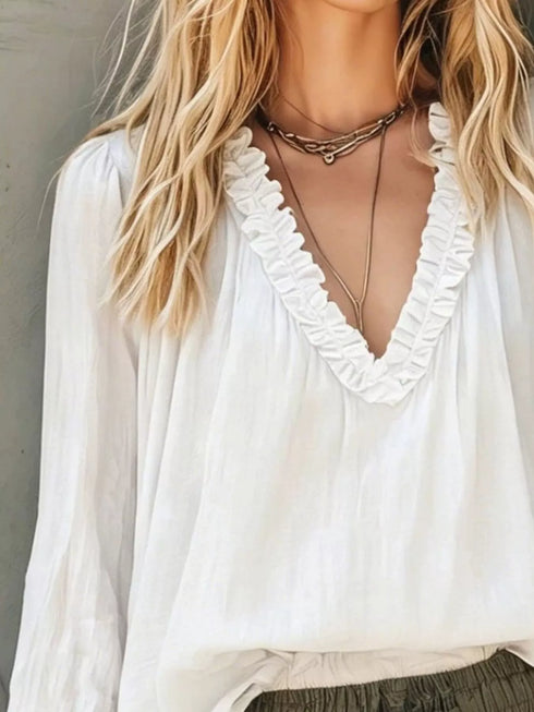 Women's Ruched Frill V-Neck Long Sleeve Blouse - product photo 2