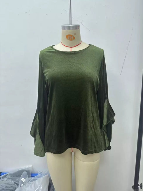 Women's Velvet Ruffle Sleeve Round-Neck Top - product photo 2