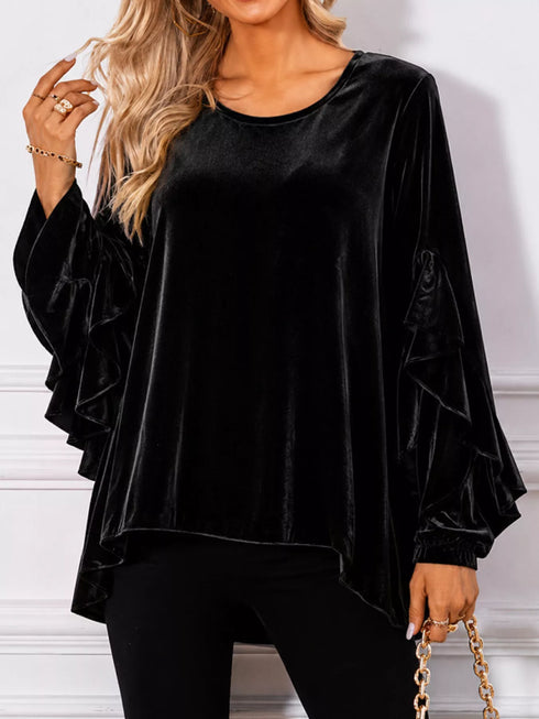 Women's Velvet Ruffle Sleeve Round-Neck Top - product photo 4