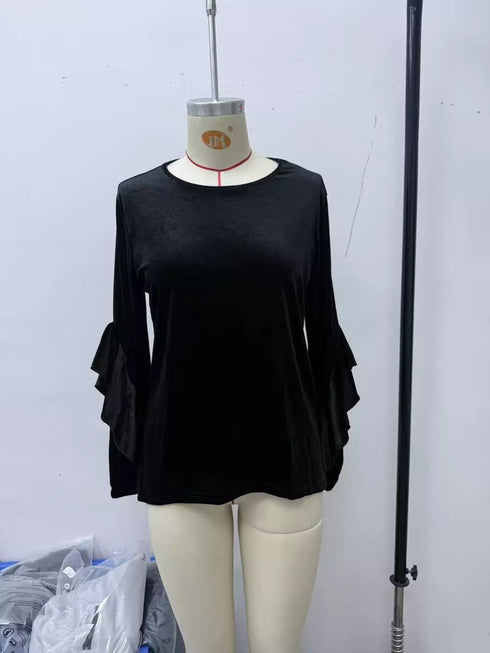 Women's Velvet Ruffle Sleeve Round-Neck Top - product photo 5