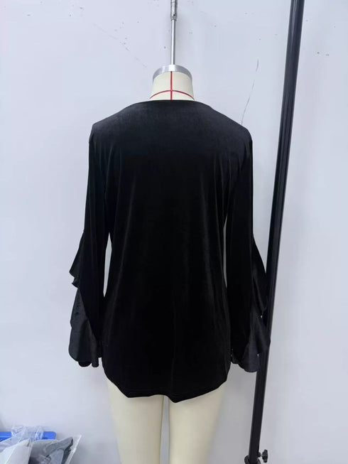 Women's Velvet Ruffle Sleeve Round-Neck Top - product photo 6