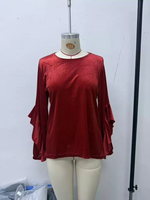 Women's Velvet Ruffle Sleeve Round-Neck Top - product photo 8
