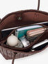 Coffee Brown Woven-Texture Shoulder Bag: Brown bag open interior holding accessories