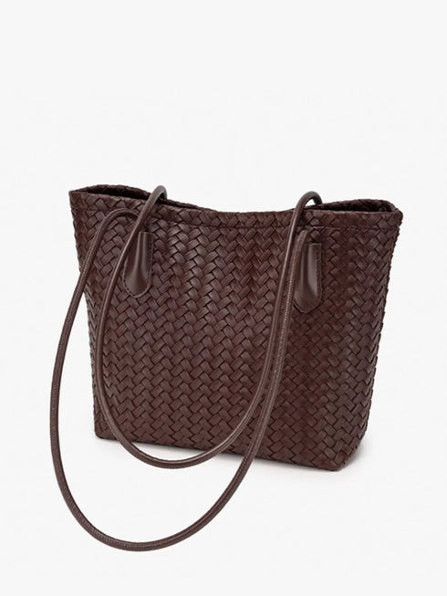 Coffee Brown Woven-Texture Shoulder Bag: Brown tote handles draped in front, product view